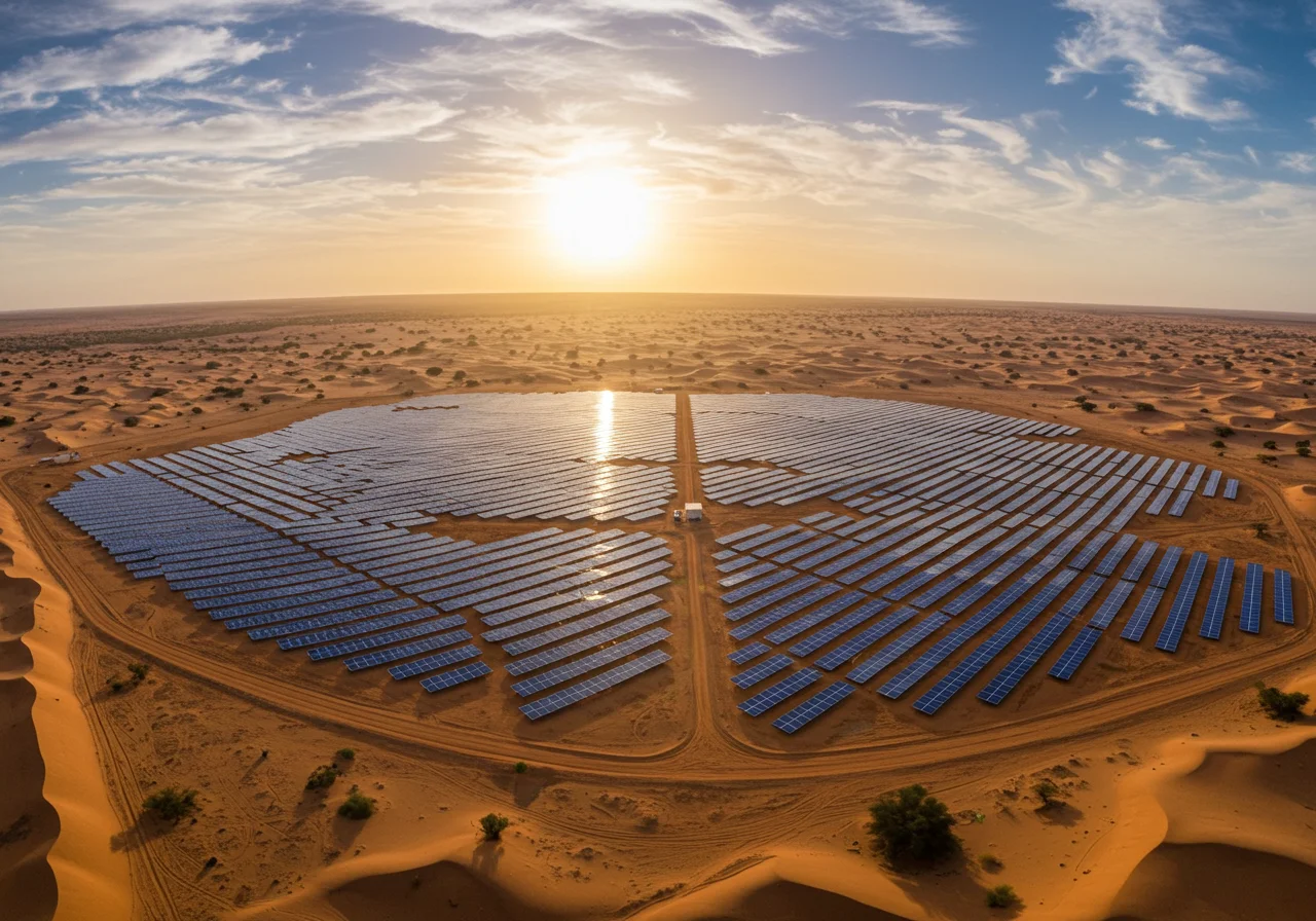 Wind turbines and solar panels in a desert setting